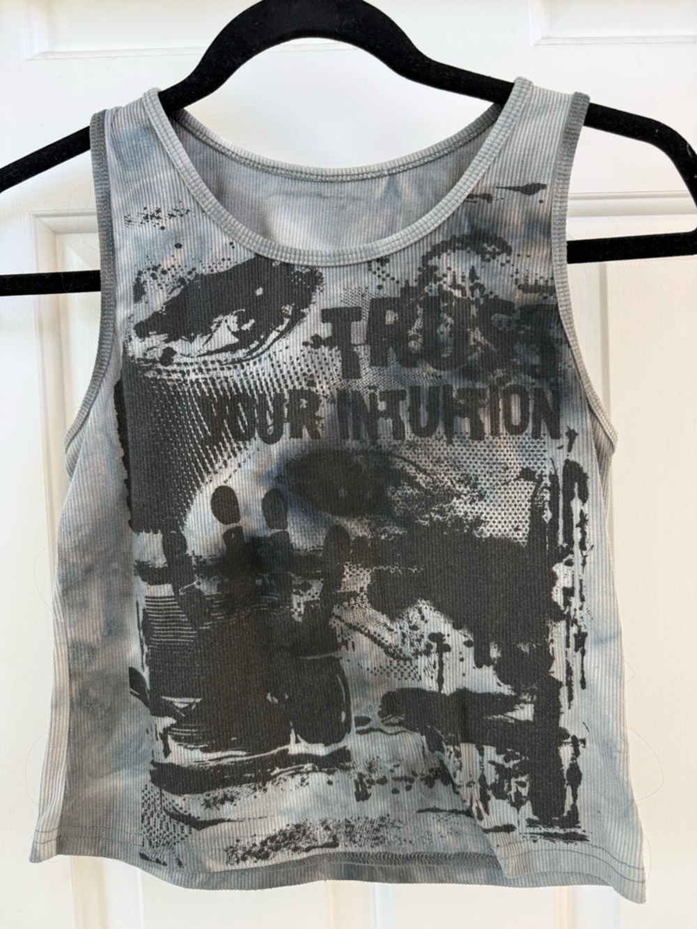 ROMWE Black and Gray Graphic Ribbed Tank Top